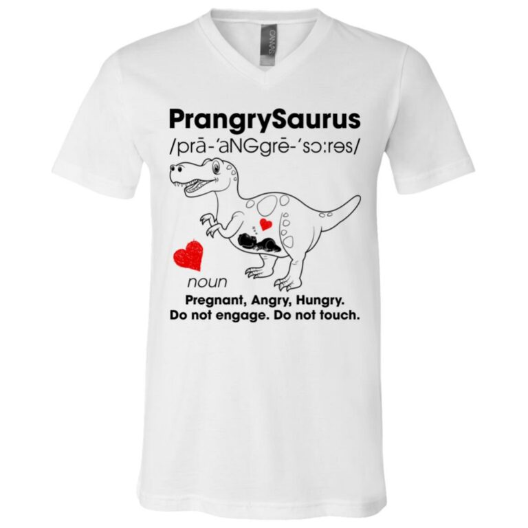 Prangrysaurus Pregnant Angry Hu V-Neck, White, V-Neck T-Shirt