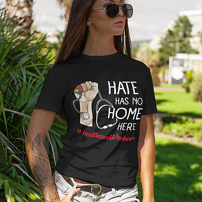 Alternative view of Healthcare Worker Hate Has No Home Here Strong Nurse Life T-shirt - V-neck - Social Justice Shirt