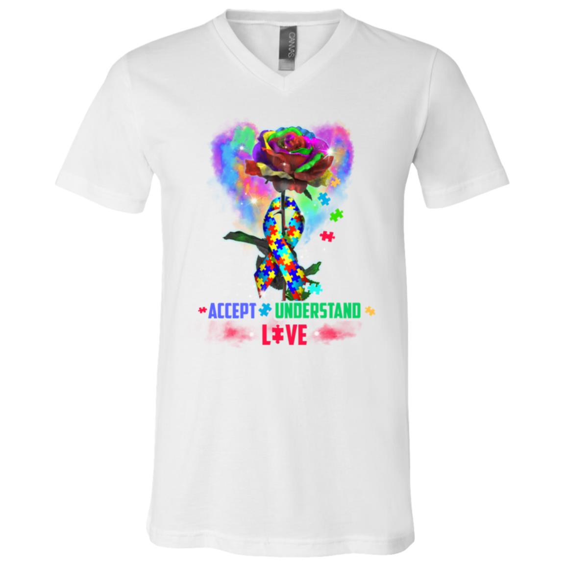 Autism Awareness Rose Accept Understand Love T-Shirt - V-Neck Tee - Autism Awareness Shirt, White, V-Neck T-Shirt