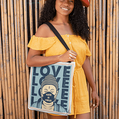 Alternative view of Stop Asian Hate Crimes Shirt Stop Aapi Hate Hate Is A Virus Buddha Wear Mask All Over Print Tote Bag