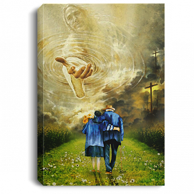 Jesus Holds My Hand And Old Couple Christian God Framed Canvas Prints - Jesus Takes My Hand Unframed Poster, White, 0.75'' Framed Canvas