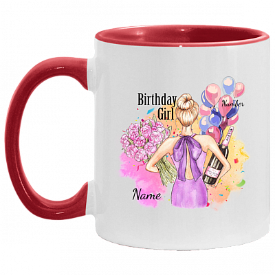 Personalized Happy Birthday Mug Birthday Girl Ceramic Coffee Mug - Beer Stein - Water Bottle, White/Red, 11 oz. Accent Mug