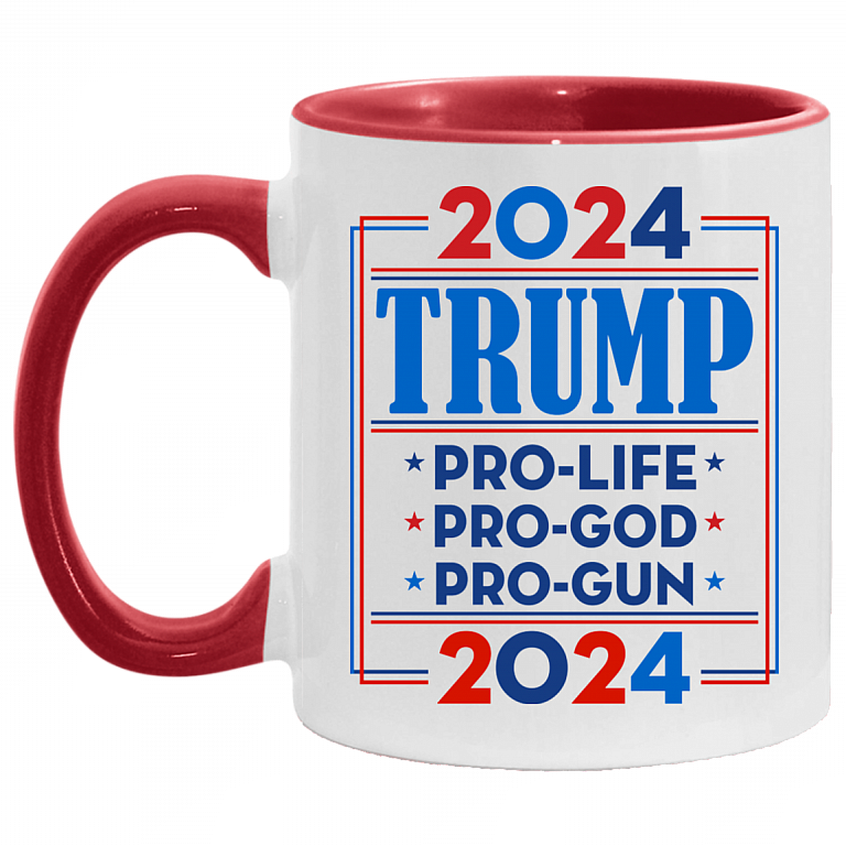 Trump 2024 Pro Trump Pro Gun Pro God - Anti Biden Accent Mug, White/Red, 11 oz. Accent Mug