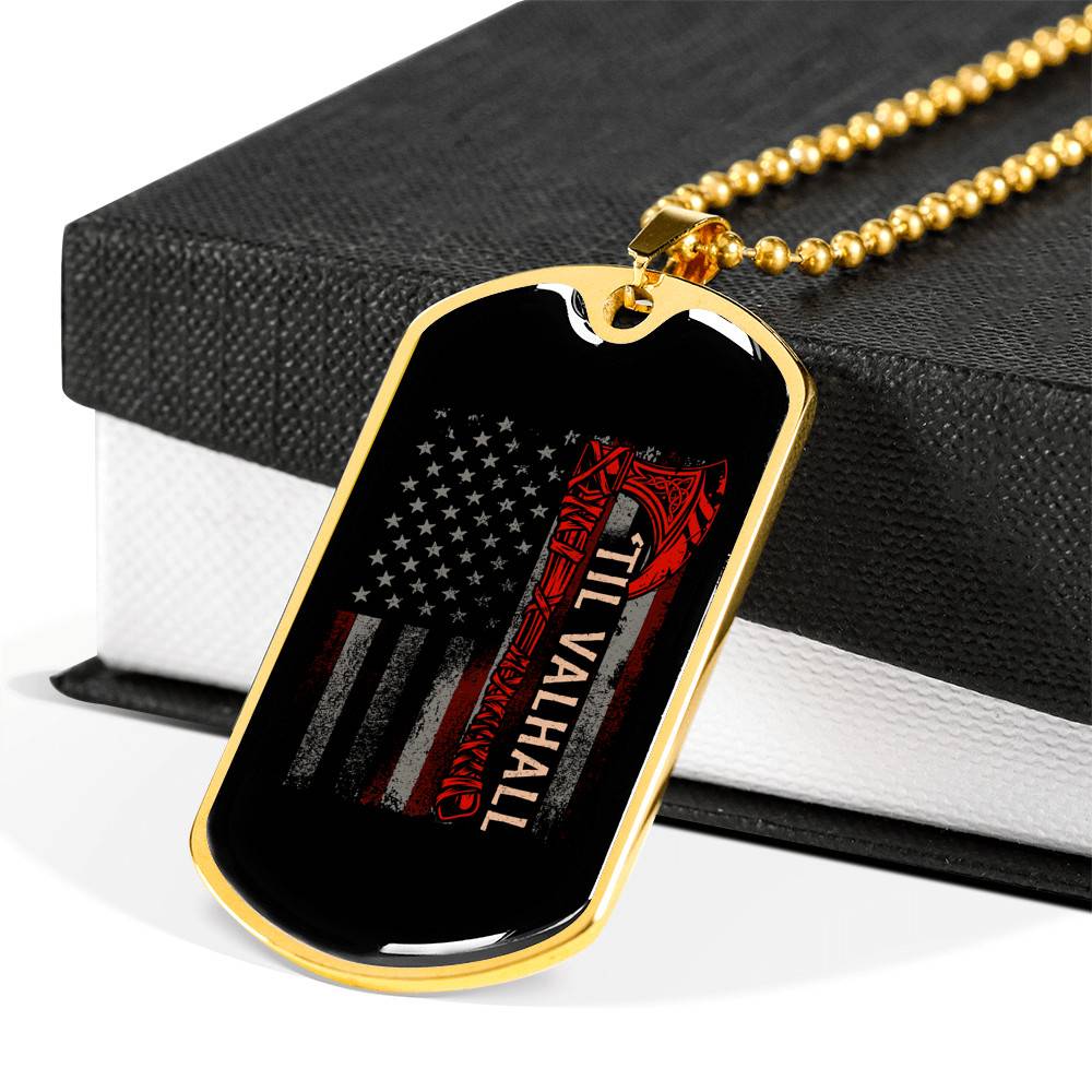 Vintage Till Valhall America Flag Dog Tag Pendant Necklace - Dog Tag (Gold Plated) Vintage Till Valhall America Flag Dog Tag Pendant Necklace - Dog Tag (Gold Plated)