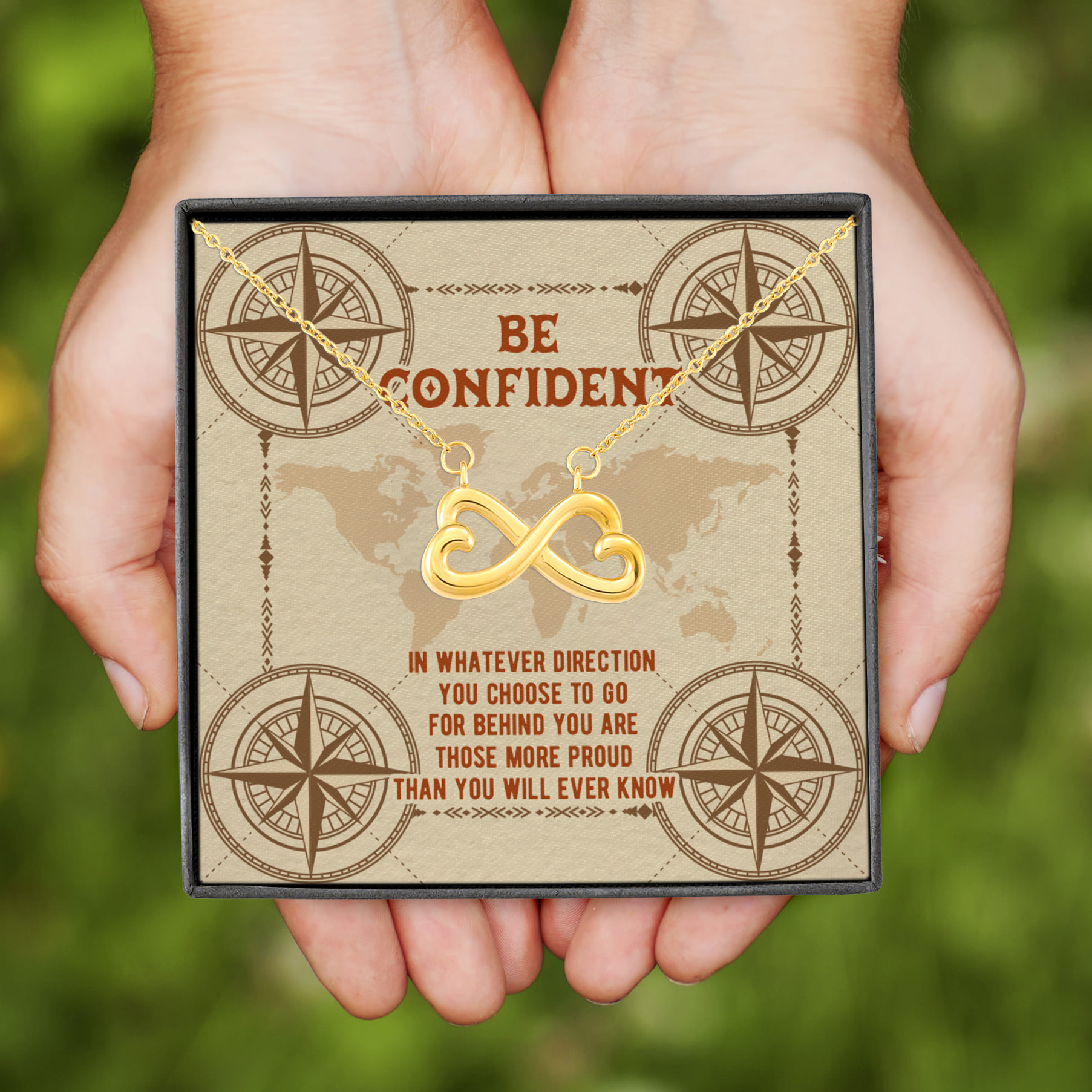10NH. Be Confident Card (4) Infinity Heart Necklace (Gold)