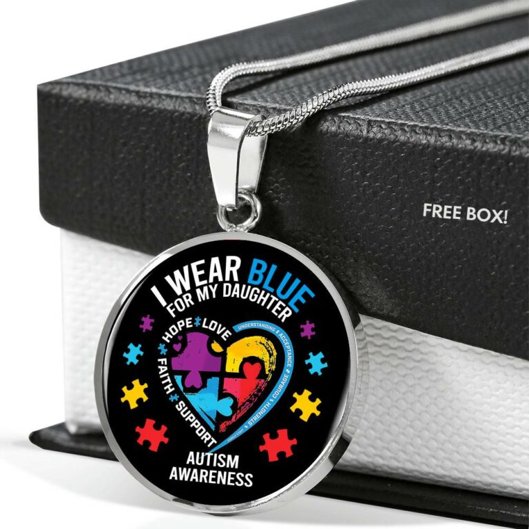 I Wear Blue for My Daughter Autism Awareness Circle Pendant Necklace - Circle Luxury Necklace (Silver)