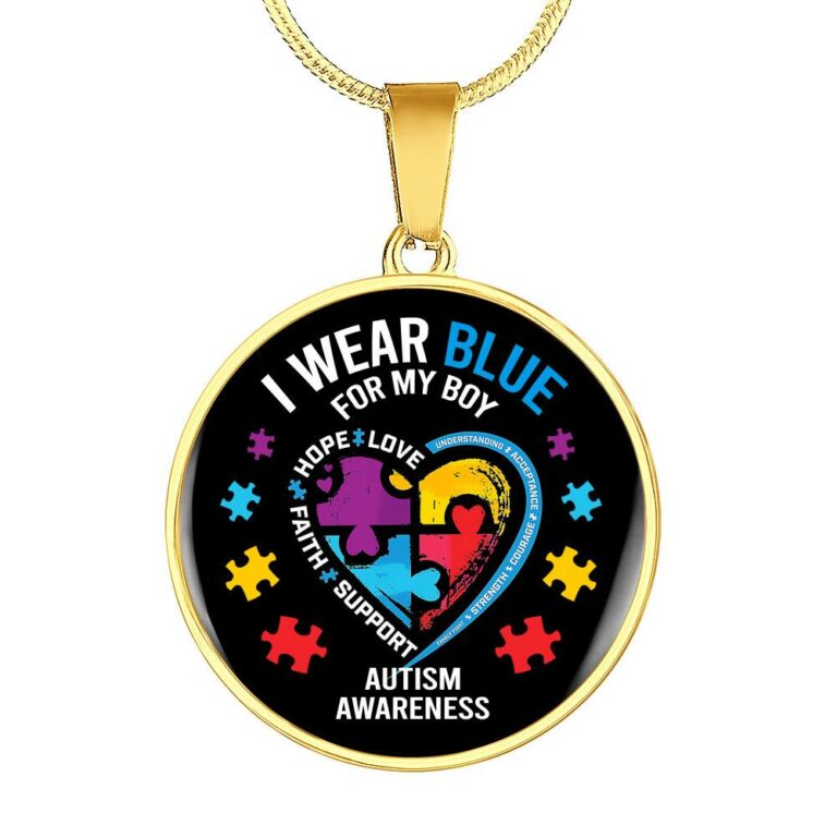 I Wear Blue for My Son Autism Awareness Circle Pendant Necklace - Circle Luxury Necklace (Gold Plated)