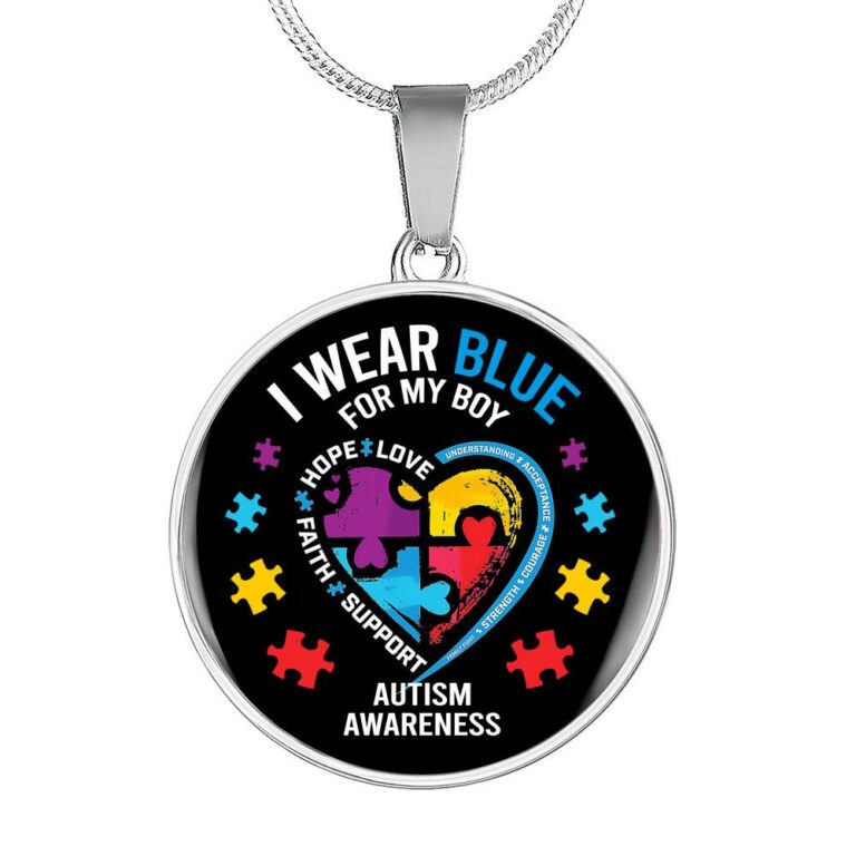 I Wear Blue for My Son Autism Awareness Circle Pendant Necklace - Circle Luxury Necklace (Silver)