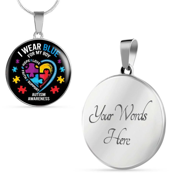I Wear Blue for My Son Autism Awareness Circle Pendant Necklace - Circle Luxury Necklace (Silver)