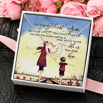 You Will Be His First Kiss His First Love His First Friend You Are His Mom Interlocking Hearts Pendant Necklace