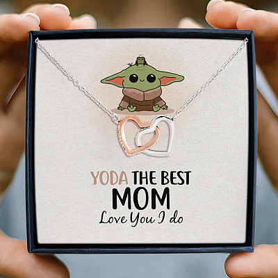 Baby Yoda The Best Mom In The Galaxy Love You I Do Mother's Day Interlocking Hearts Pendant Necklace