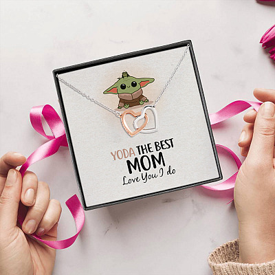 Alternative view of Baby Yoda The Best Mom In The Galaxy Love You I Do Mother's Day Interlocking Hearts Pendant Necklace