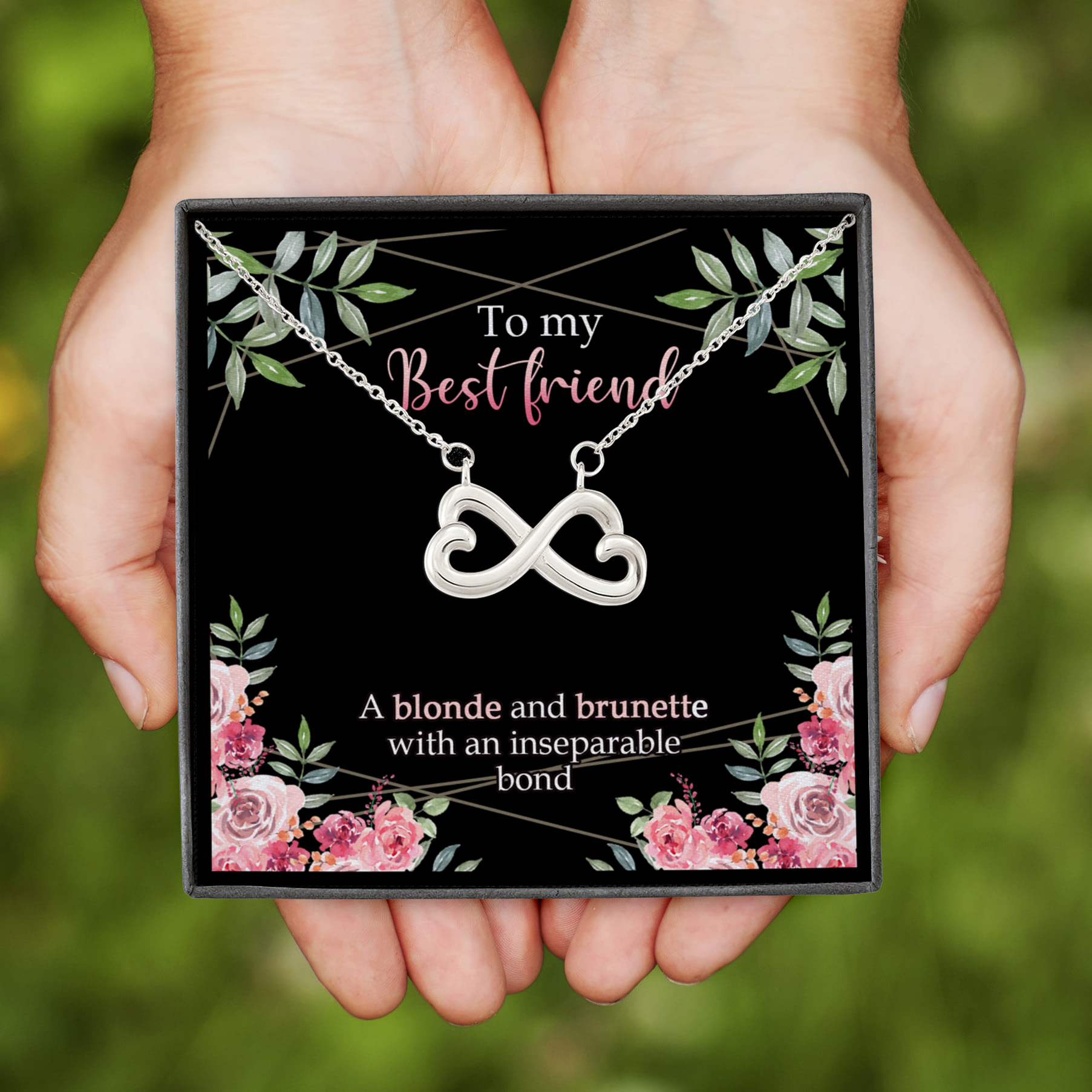 9VT. To My Best Friend A Blonde And A Brunette Infinity Heart Necklace (Silver)