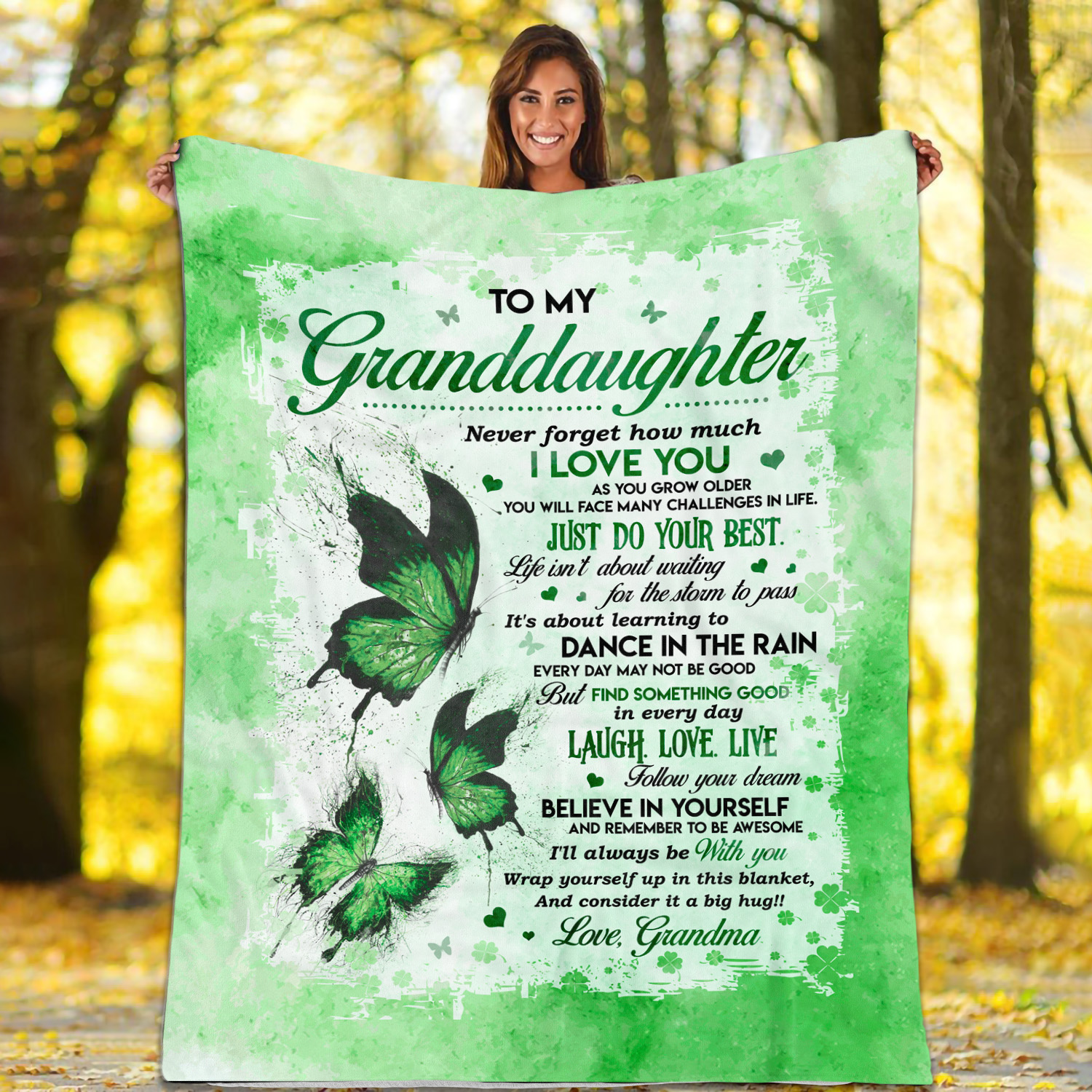7UT. Green Butterfly Granddaughter Blanket Mockup 1