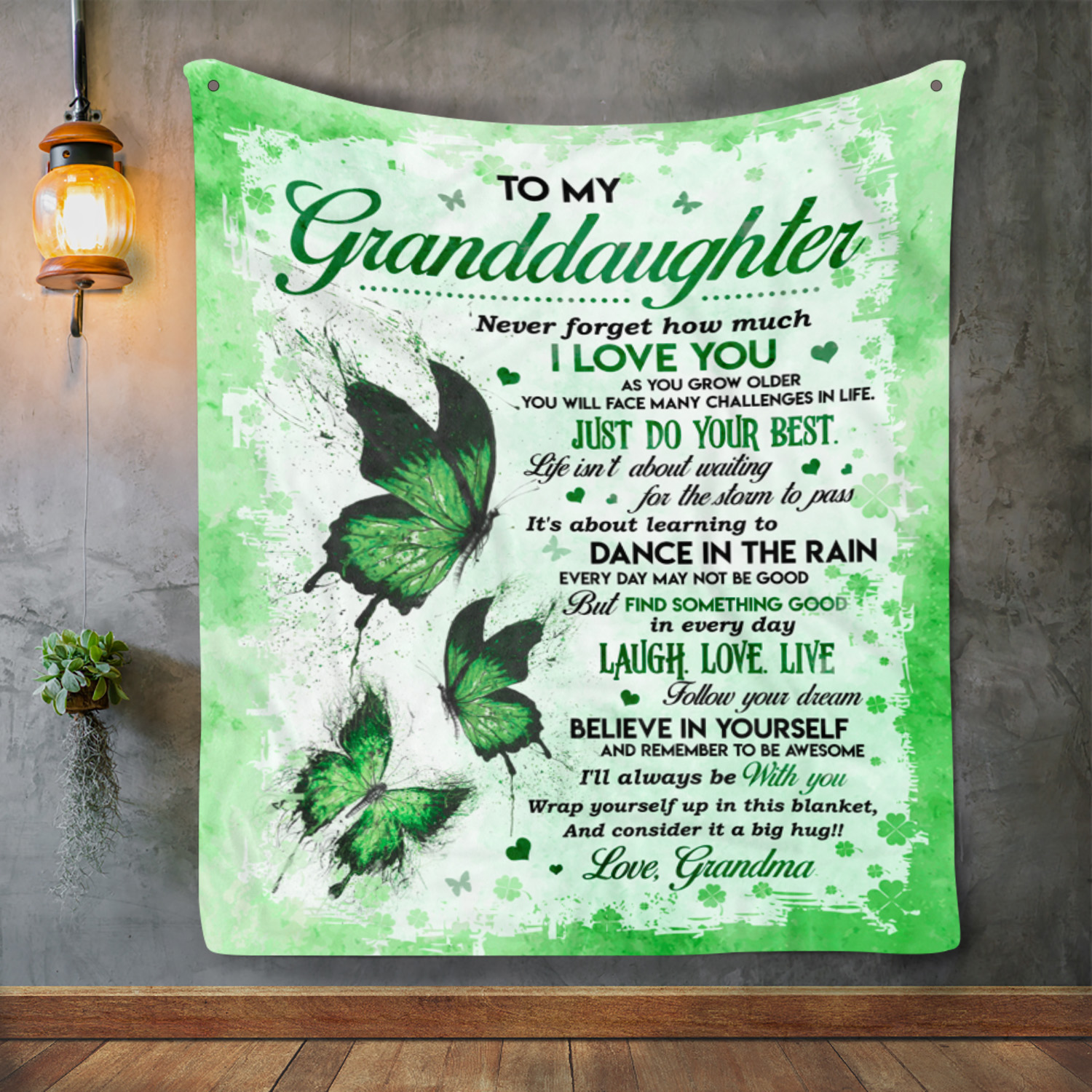 7UT. Green Butterfly Granddaughter Blanket Mockup 2