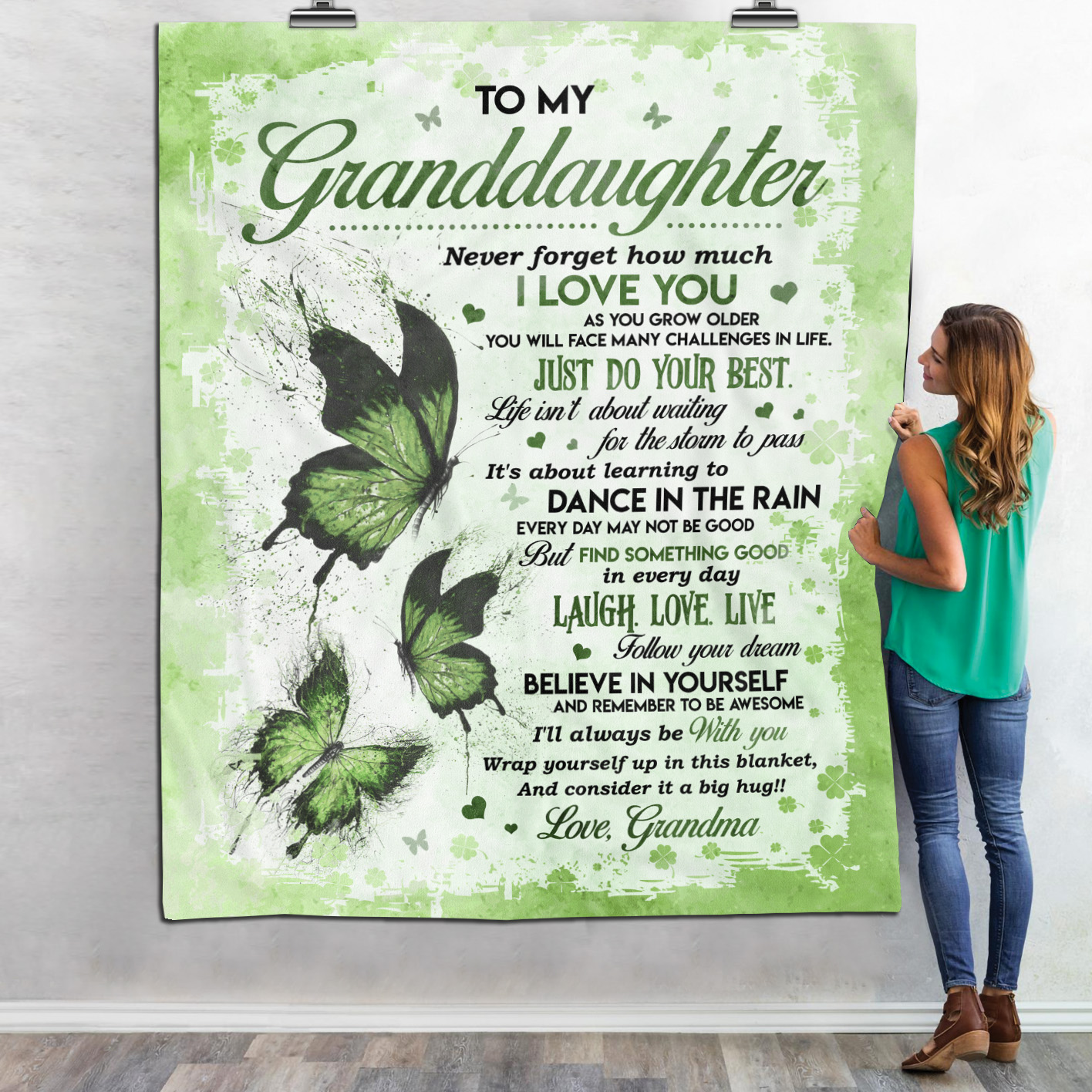 7UT. Green Butterfly Granddaughter Blanket Mockup 6