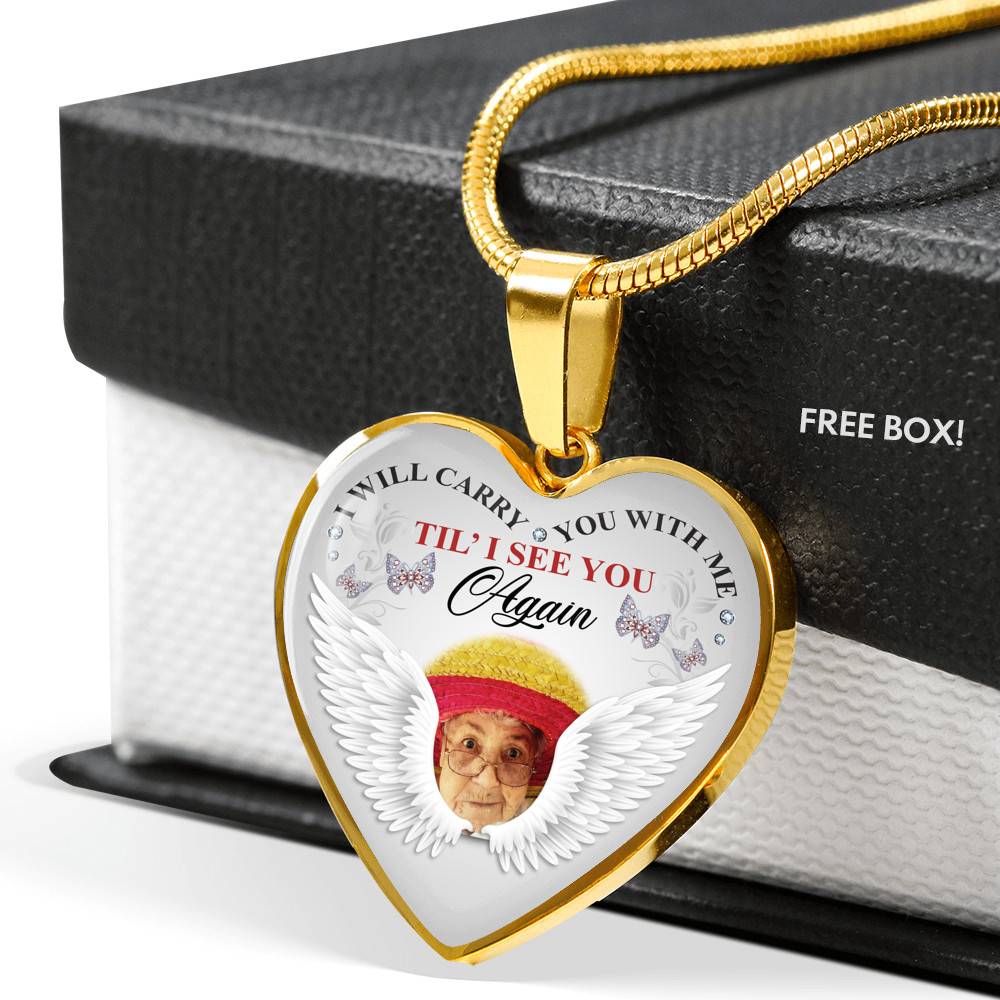 Personalized Photo I Will Carry You With Me Til' I See You Again Butterfly Memorial Luxury Heart Pendant Necklace - Heart Luxury Necklace (Gold Plated) Personalized Photo I Will Carry You With Me Til' I See You Again Butterfly Memorial Luxury Heart Pendant Necklace - Heart Luxury Necklace (Gold Plated)