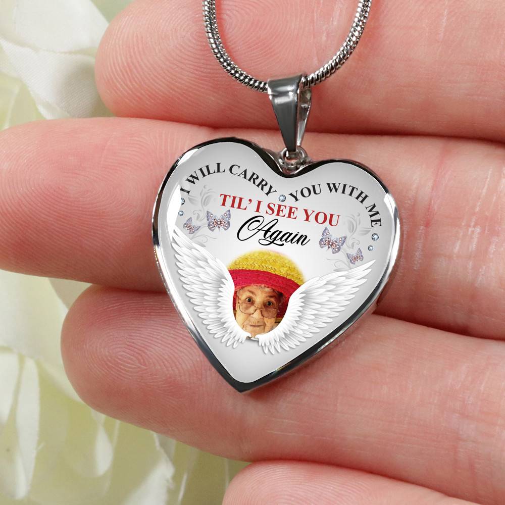 Personalized Photo I Will Carry You With Me Til' I See You Again Butterfly Memorial Luxury Heart Pendant Necklace - Heart Luxury Necklace (Silver) Personalized Photo I Will Carry You With Me Til' I See You Again Butterfly Memorial Luxury Heart Pendant Necklace - Heart Luxury Necklace (Silver)