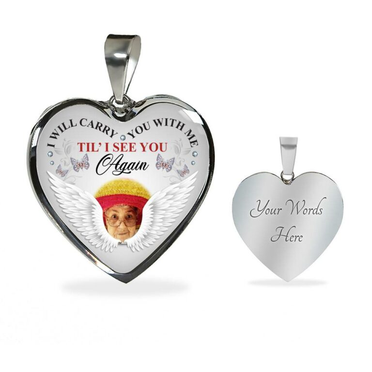 Personalized Photo I Will Carry You With Me Til' I See You Again Butterfly Memorial Luxury Heart Pendant Necklace - Heart Luxury Necklace (Silver)