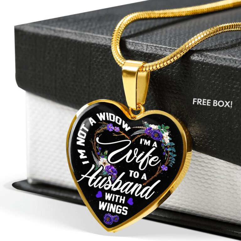I'm Not a Widow I'm a Wife to a Husband with Wings Floral Heart Pendant Necklace - Heart Luxury Necklace (Gold Plated)