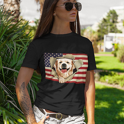 Alternative view of 4th of July Golden Dog in American Flag T-Shirt - Funny Dog Lover 4th July Gifts Shirt