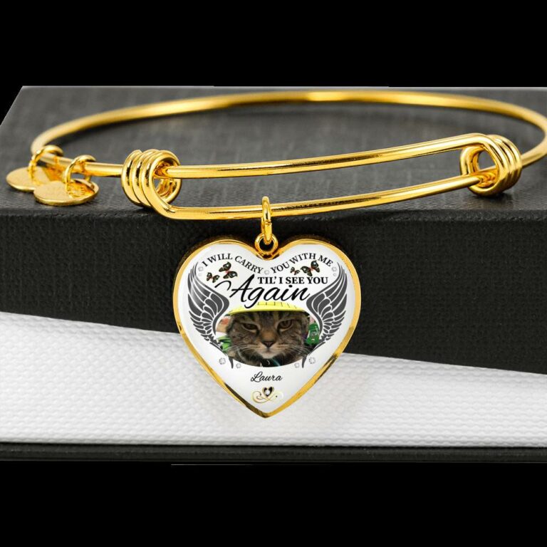Personalized Photo I Will Carry You With Me Til' I See You Again Pet Memorial Luxury Heart Pendant Necklace - Heart Bangle