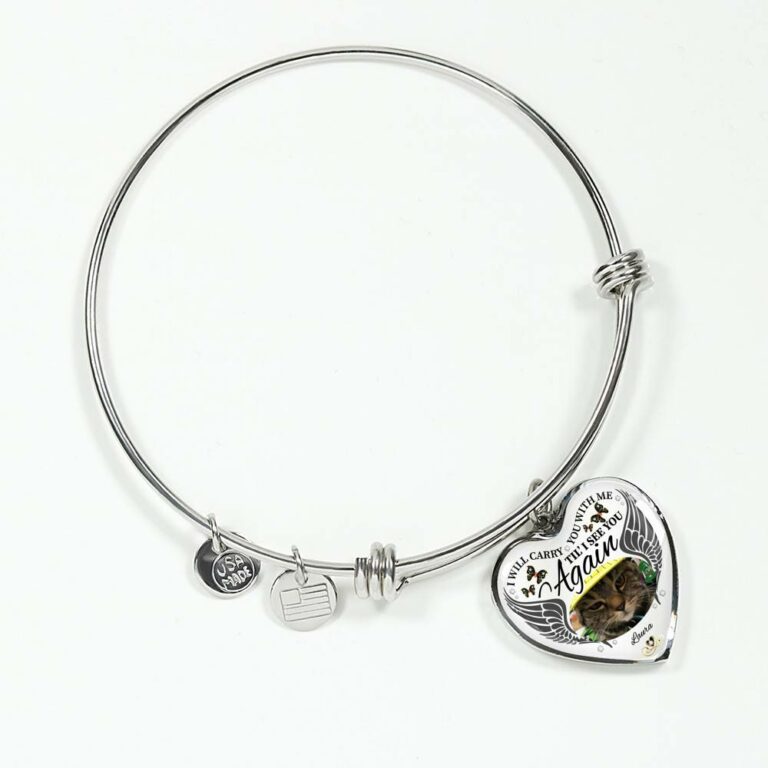 Personalized Photo I Will Carry You With Me Til' I See You Again Pet Memorial Luxury Heart Pendant Necklace - Heart Bangle