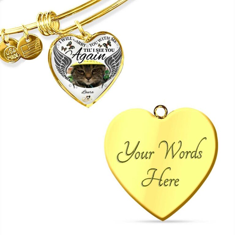 Personalized Photo I Will Carry You With Me Til' I See You Again Pet Memorial Luxury Heart Pendant Necklace - Heart Bangle