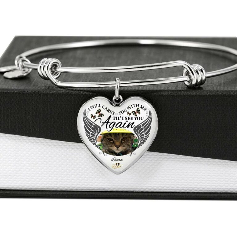 Personalized Photo I Will Carry You With Me Til' I See You Again Pet Memorial Luxury Heart Pendant Necklace - Heart Bangle