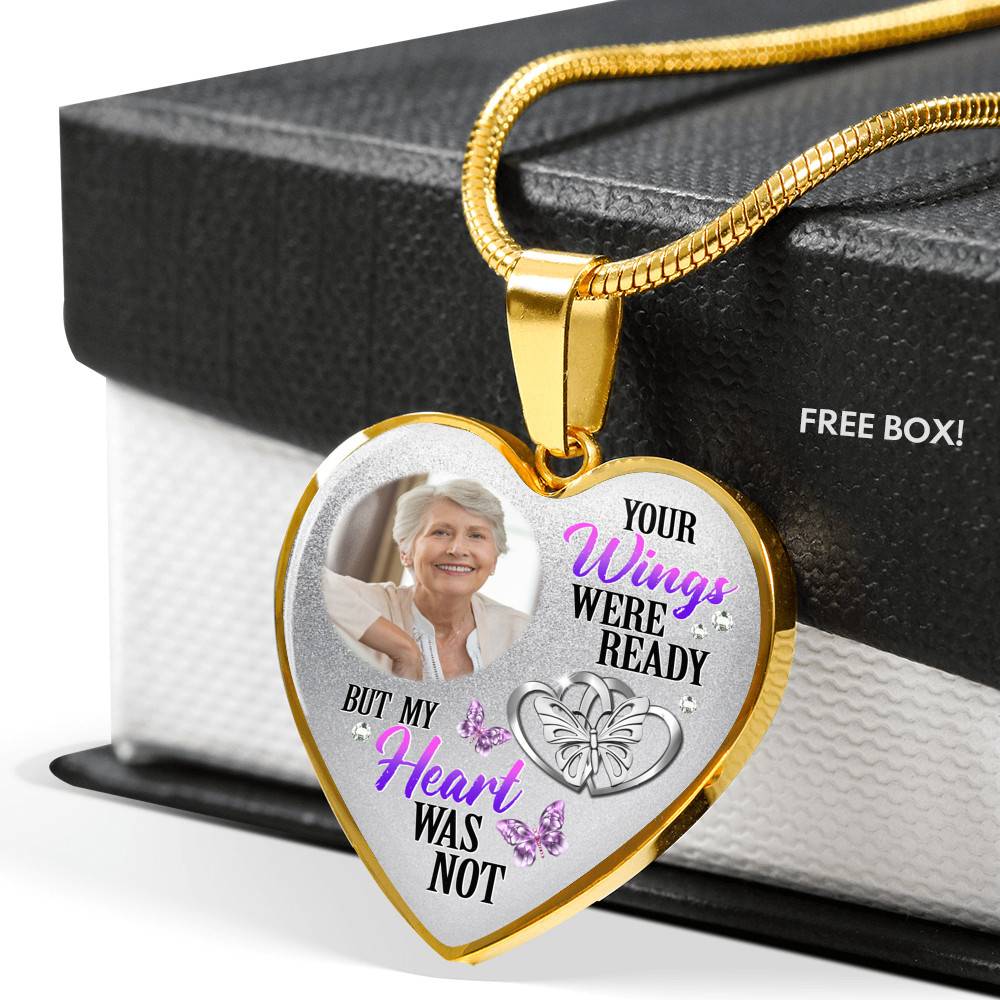 Personalized Photo Your Wings Were Ready But My Heart Was Not Butterfly Memorial Luxury Heart Pendant Necklace - Heart Bangle