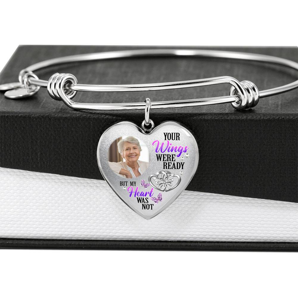 Personalized Photo Your Wings Were Ready But My Heart Was Not Butterfly Memorial Luxury Heart Pendant Necklace - Heart Bangle