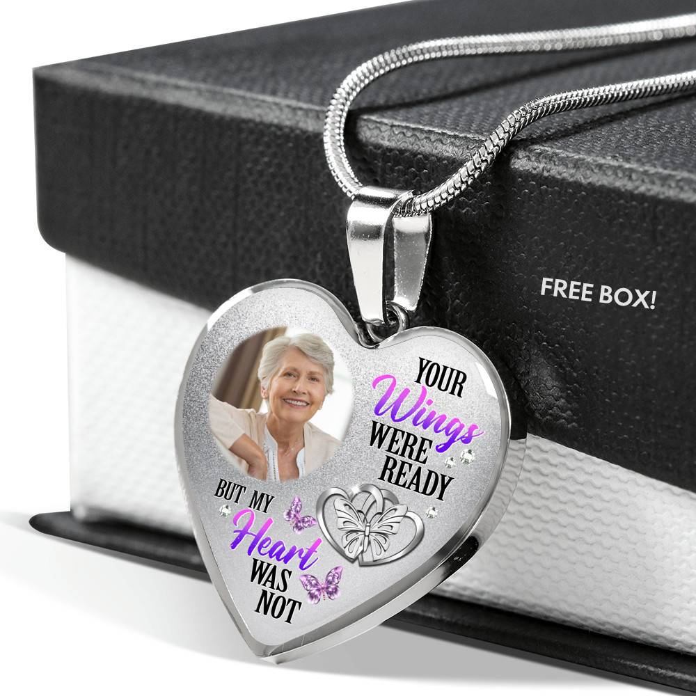 Personalized Photo Your Wings Were Ready But My Heart Was Not Butterfly Memorial Luxury Heart Pendant Necklace - Heart Bangle