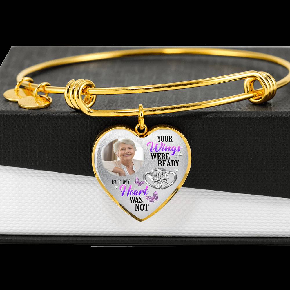Personalized Photo Your Wings Were Ready But My Heart Was Not Butterfly Memorial Luxury Heart Pendant Necklace - Heart Bangle