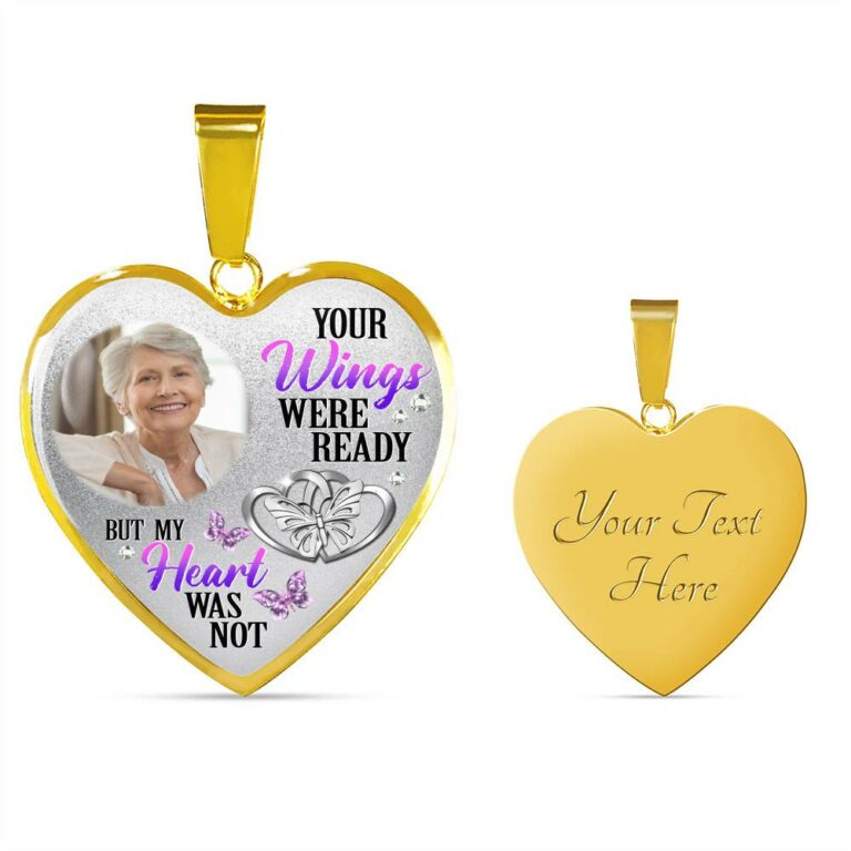 Personalized Photo Your Wings Were Ready But My Heart Was Not Butterfly Memorial Luxury Heart Pendant Necklace - Heart Bangle
