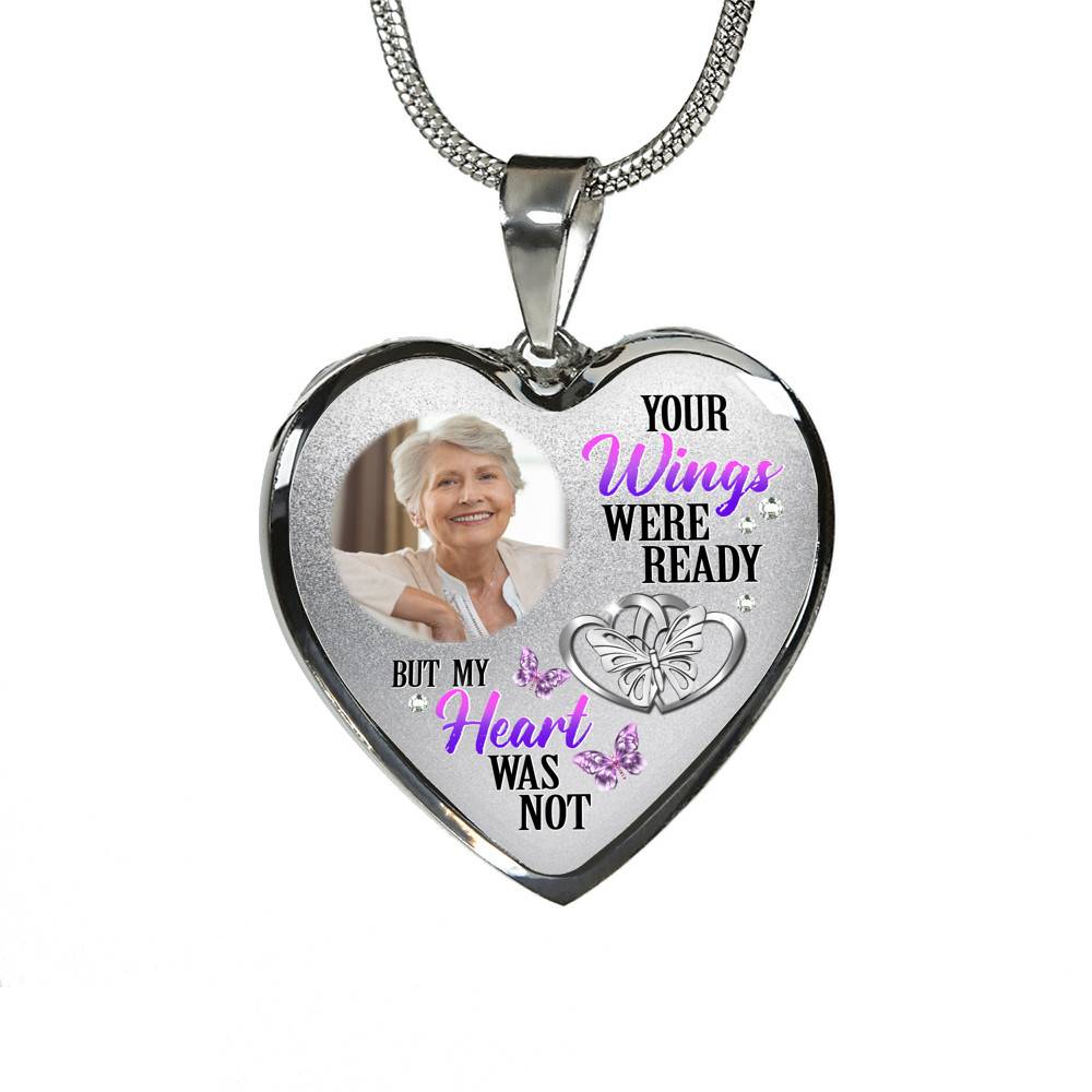 Personalized Photo Your Wings Were Ready But My Heart Was Not Butterfly Memorial Luxury Heart Pendant Necklace - Heart Bangle