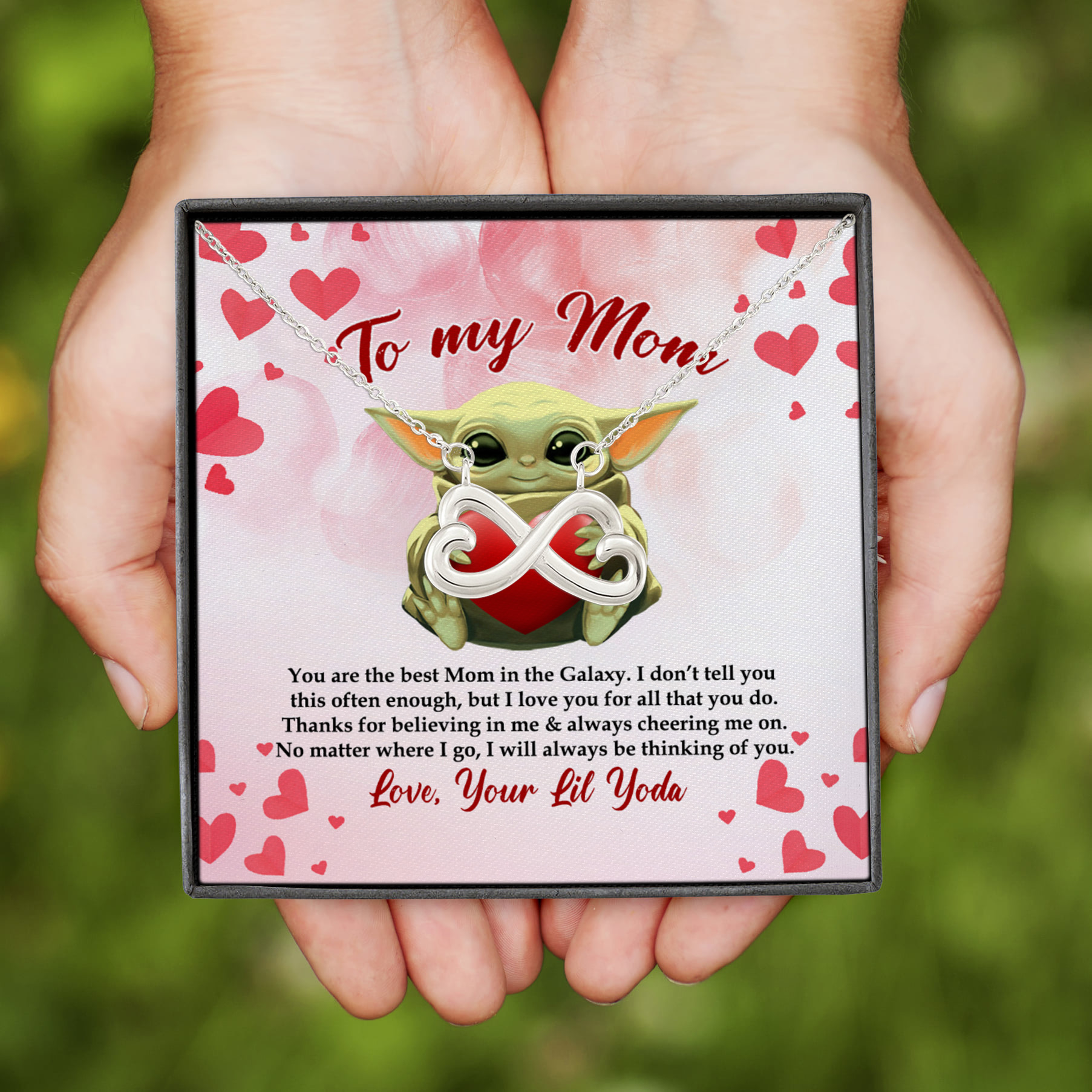 1VT. Yoda To My Mom You Are The Best Mom Infinity Heart Necklace (Silver)