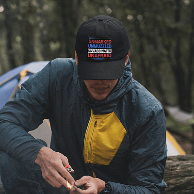 Alternative view of Unmasked Unmuzzled Unvaccinated Unafraid American Flag Twill Cap - High-Profile Snapback Hat - Trucker Hat