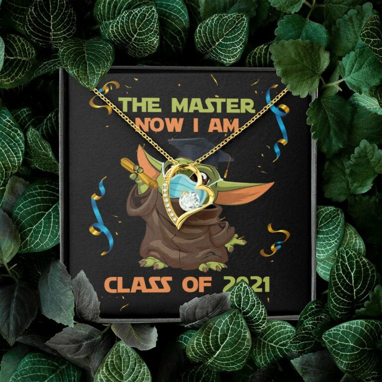 The Master Now I Am Baby Yoda Wearing Mask Graduation 2021 Interlocking Hearts Pendant Necklace