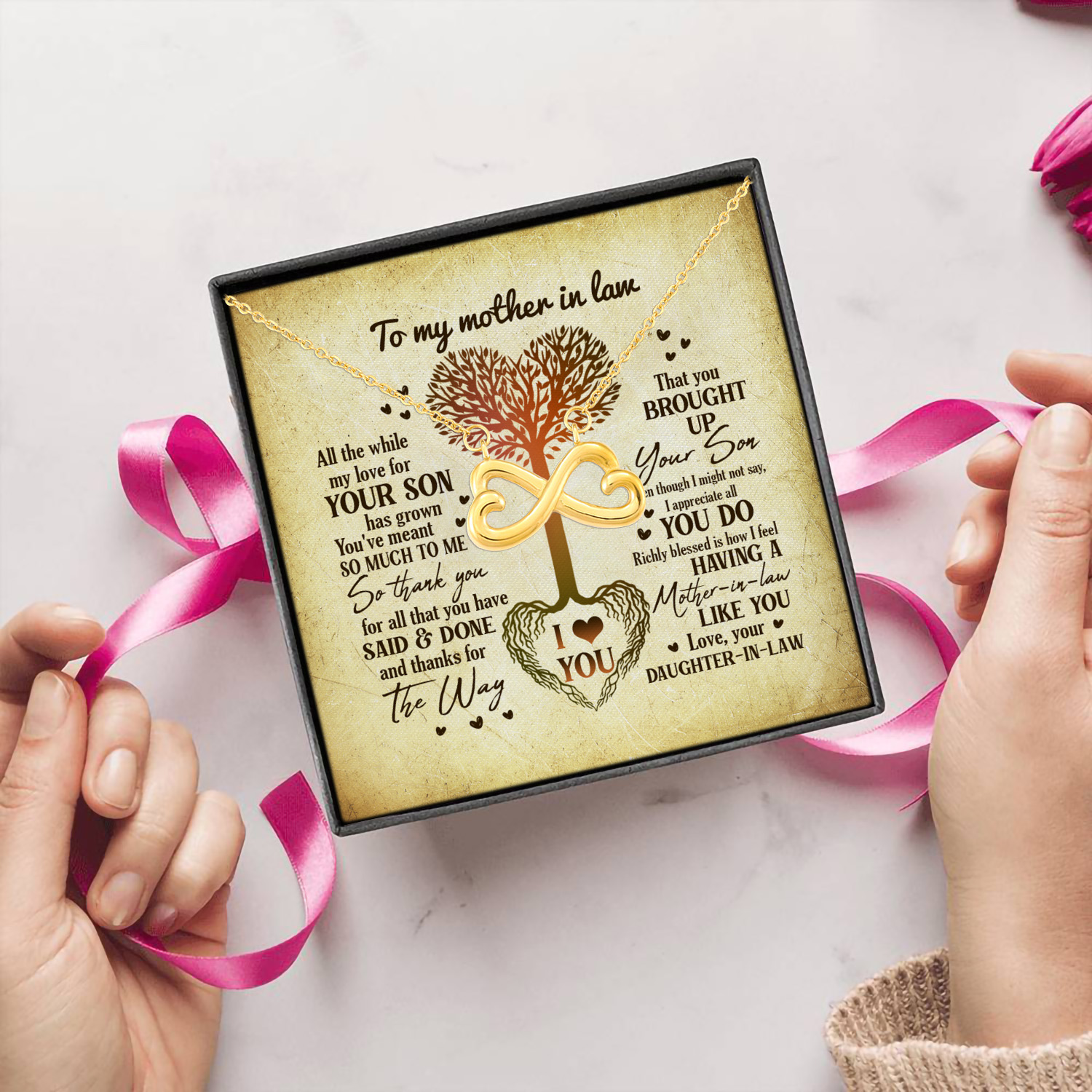 2UT. Mother In Law Tree Heart Card (6) Infinity Heart Necklace (Gold) 5