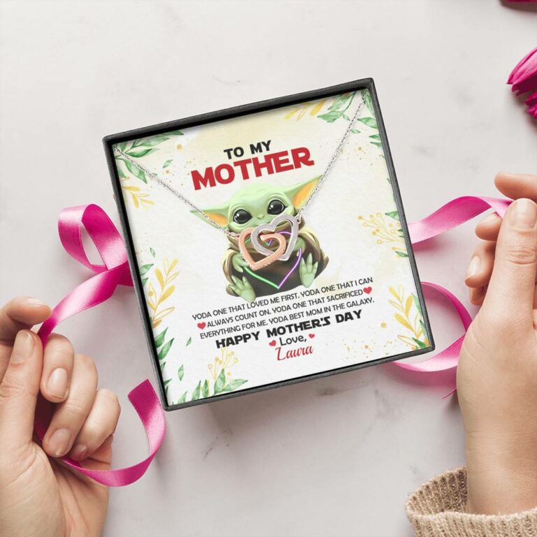 Personalized Baby Yoda To My Mother Yoda Best Mom In The Galaxy Mother's Day Interlocking Hearts Necklace