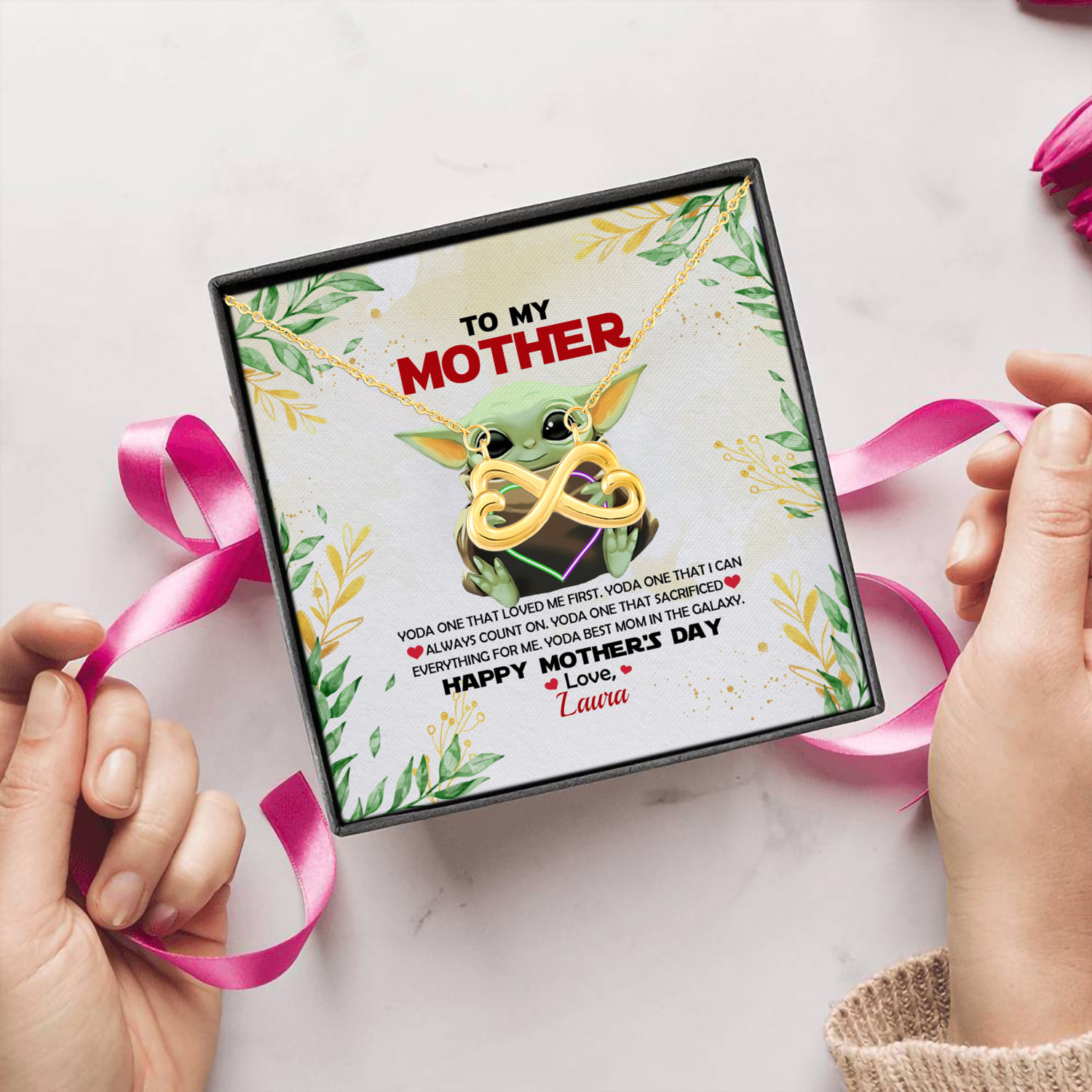 35 HG uu tien. To My Mom Yoda Baby Sample Design Infinity Heart Necklace (Gold) 5