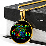 Rainbow Feather Butterfly God Is Good All the Time Christian Circle Pendant Necklace - Circle Luxury Necklace (Gold Plated)
