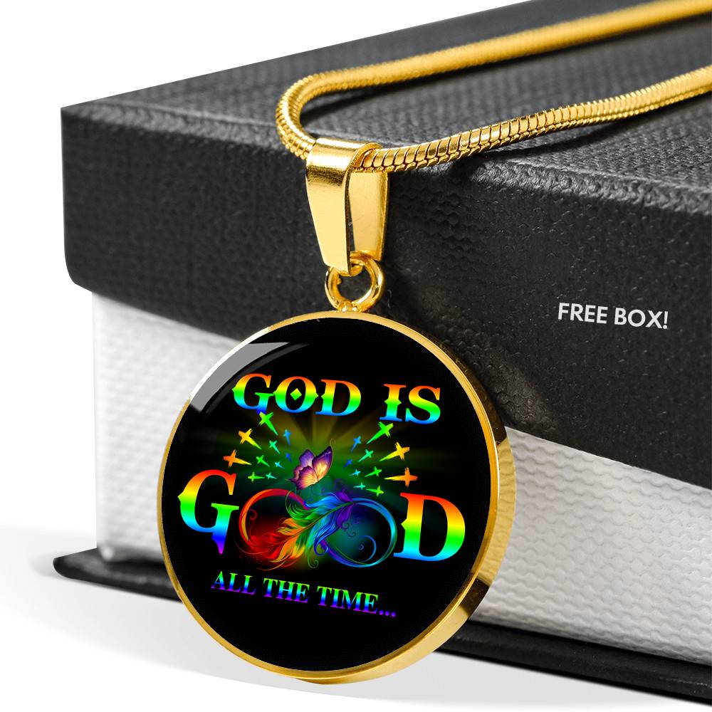 Rainbow Feather Butterfly God Is Good All the Time Christian Circle Pendant Necklace - Circle Luxury Necklace (Gold Plated) Rainbow Feather Butterfly God Is Good All the Time Christian Circle Pendant Necklace - Circle Luxury Necklace (Gold Plated)