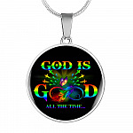 Rainbow Feather Butterfly God Is Good All the Time Christian Circle Pendant Necklace - Circle Luxury Necklace (Silver)