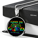 Rainbow Feather Butterfly God Is Good All the Time Christian Circle Pendant Necklace - Circle Luxury Necklace (Silver)