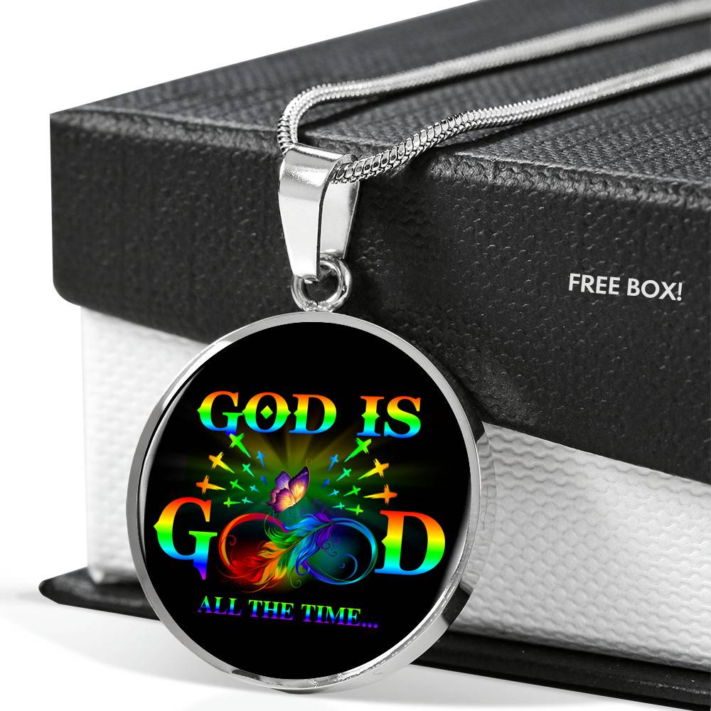 Rainbow Feather Butterfly God Is Good All the Time Christian Circle Pendant Necklace - Circle Luxury Necklace (Silver) Rainbow Feather Butterfly God Is Good All the Time Christian Circle Pendant Necklace - Circle Luxury Necklace (Silver)
