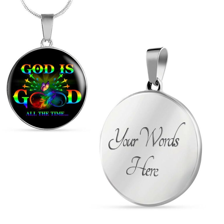 Rainbow Feather Butterfly God Is Good All the Time Christian Circle Pendant Necklace - Circle Luxury Necklace (Silver)