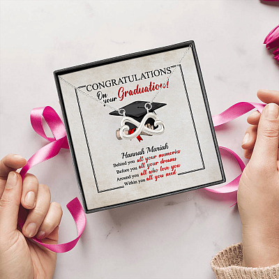Alternative view of Personalized Congratulations Graduation Behind You All Your Memories Class Of 2021 Infinity Heart Necklace