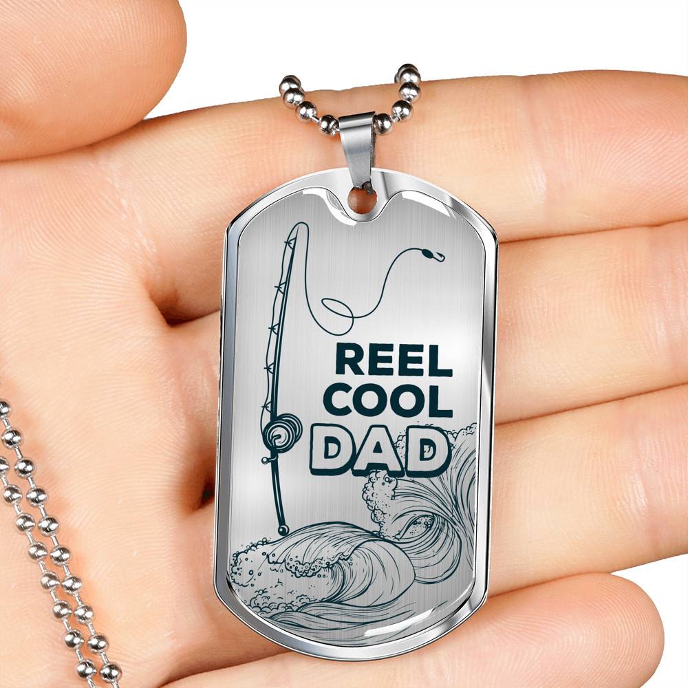 Reel Cool Dad Vintage Fishing Dad Dog Tag Pendant Necklace