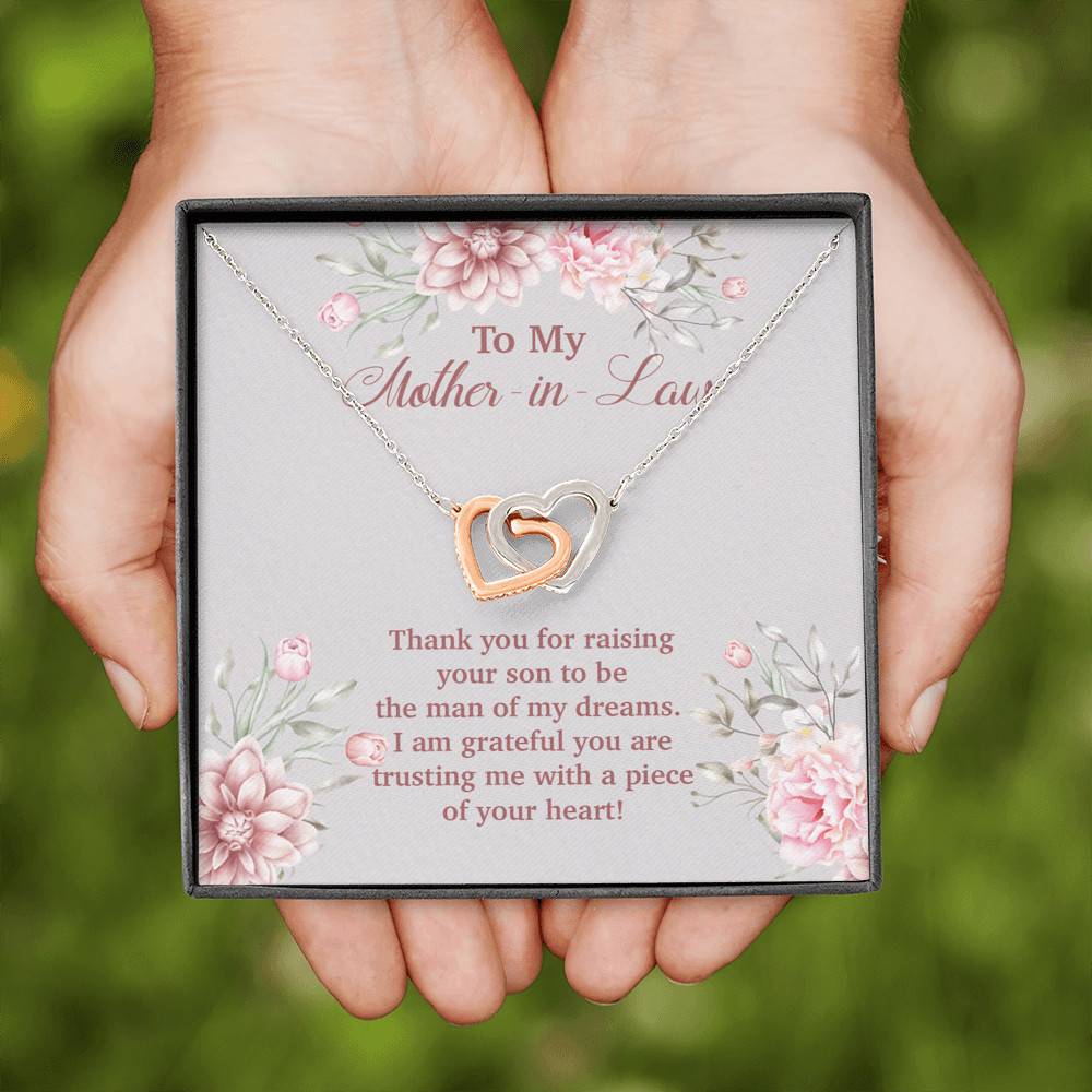 To My Mother in Law Thank You for Raising Your Son to Be the Man of My Dreams Interlocking Hearts Pendant Necklace To My Mother in Law Thank You for Raising Your Son to Be the Man of My Dreams Interlocking Hearts Pendant Necklace